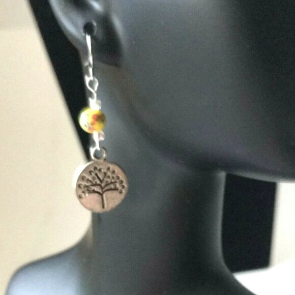 Vintage Tree of Life Murano Art Glass Bead Earrings Yellow Red Silver Plated - Picture 4 of 10
